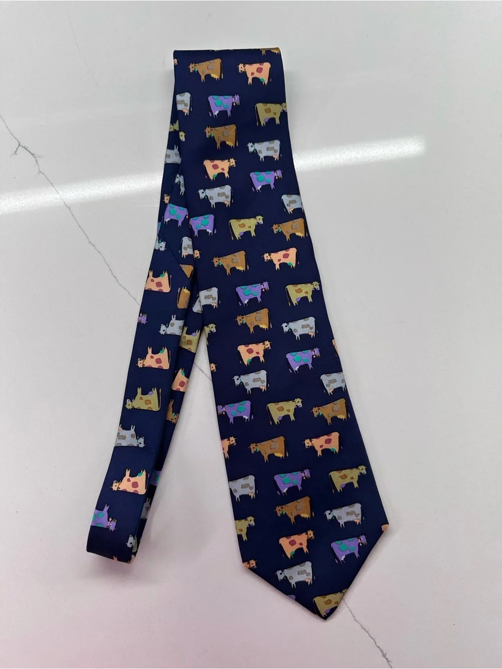 Cow Print Tie Navy Silk with colorful COWS in cartoon motif